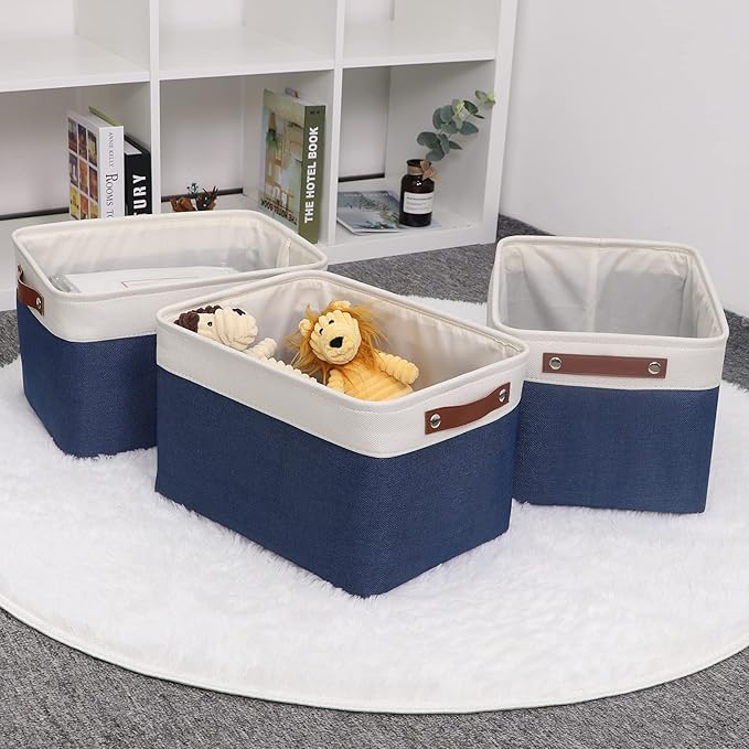 HNZIGE Large Storage Baskets for Shelves(3 Pack) Fabric Toy Basket with Leather Handles, Decorative Foldable Storage Baskets (White&Blue,15" x 11" x 9.5")
