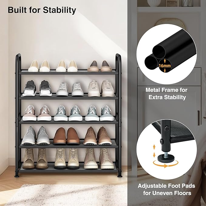STO STO 5-Tier Shoe Rack with Sturdy Mesh Shelves, Heavy Duty Metal Shoe Organizer for Entryway, Closet, Garage, Front Door, Holds 15 Pairs, Free Standing Shoe Storage Shelf, Adjustable Feet, Black