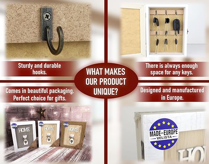 VELISTA Wooden Key Box Wall Mount – Cute and Rustic Decorative Key Cabinet – Premium Cabinet Key Holder with 6-Hooks – Small Key Holder Box - Farmhouse Wall Décor – Vintage Key Rack Cabinet (Oak)