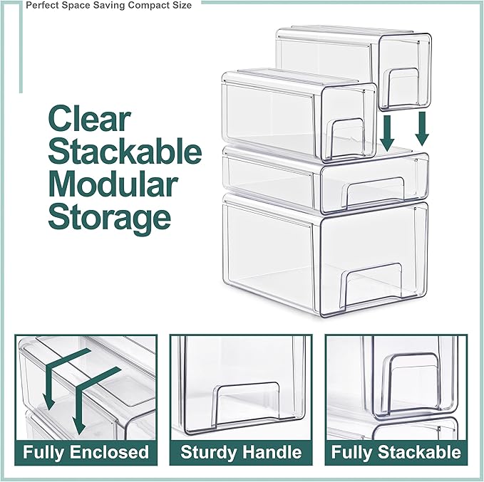 Sorbus 1 Medium & 2 Small Clear Stackable Storage Drawers, Plastic Organizer Bins with Handles, Pull-Out Drawers for Bathroom Closet, Medicine, Cabinet, Pantry Storage, Baby Bottle Organizer