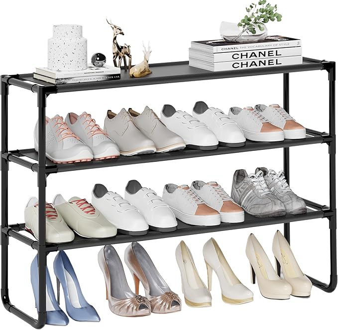 Long Shoe Rack, 3-Tier Stackable Shoe Organizer for Closet, Entryway, Hallway, Extra Bottom Layer, Holds 16-20 Pairs, Sturdy & Durable Waterproof Fabric Shelf, Space-Saving,Black(35.8" Wide)