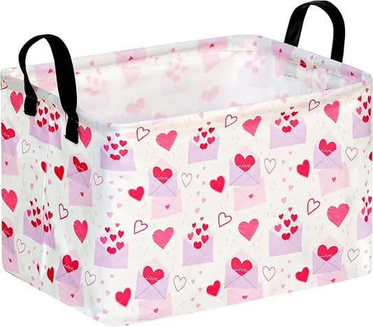 Empty Gift Basket for Girls Heart Print Storage Cube for Women, Closet Shelf Waterproof Organizer Bins with Handles Nursery hamper Kids Toys Books Box Room Deco