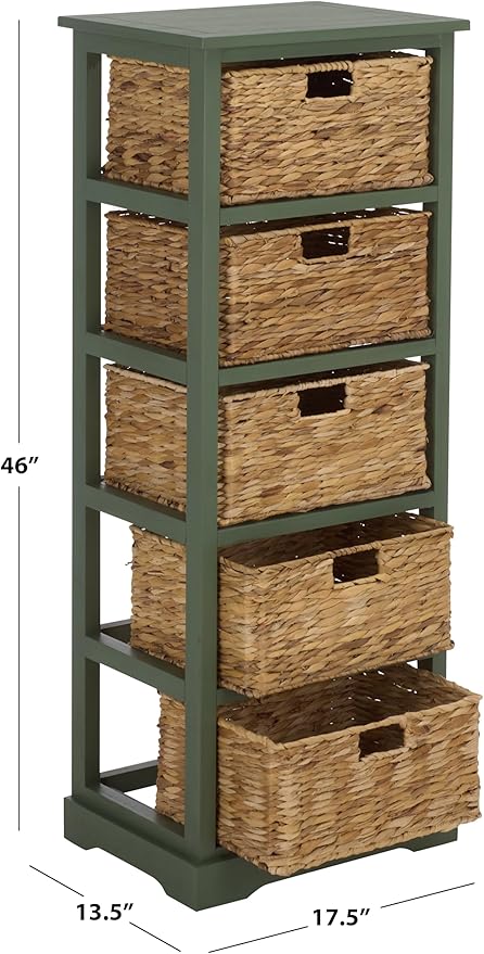 SAFAVIEH Home Collection â Vedette Dusty Green 5-Basket Storage Tower, Natural Rattan Accent Design, Fully Assembled (AMH5739J)