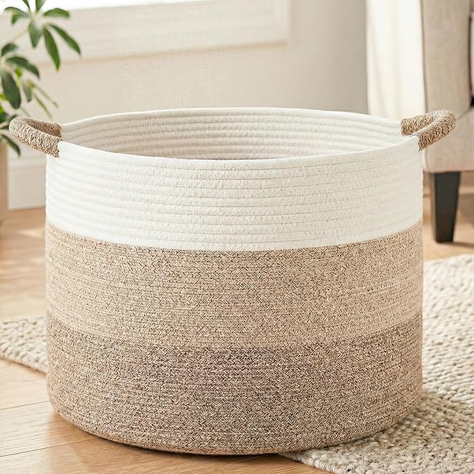 70L Large Cotton Rope Basket, Decorative Woven Blanket Storage for Living Room, Boho Toy Storage & Toy Box for Kids, Versatile Laundry Basket & Nursery Hamper for Blankets(BrownYellow)