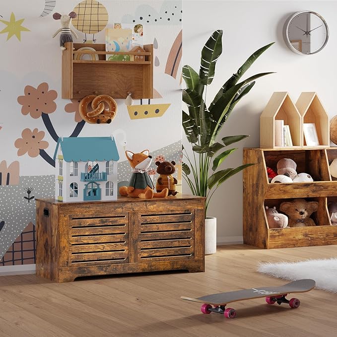 DINZI LVJ Storage Chest, 39.4âWooden Toy Box with 2 Safety Hinges, Retro Entryway Shoe Storage Bench with Flip-Top, Sturdy Large Storage Trunk for Living Room, Bedroom, Easy Assembly, Rustic Brown