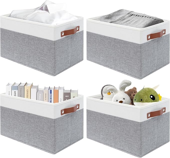 SNWDN 4 Pack Fabric Storage Baskets for Organizing Collapsible Fabric Storage Bins with Handles for Home organization and storage (White/Grey 15''Lx13''Wx13''H)