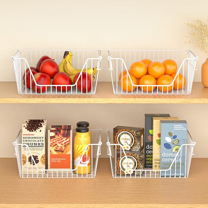 Stackable Wire Metal Baskets Cabinet Organizer Sturdy Metal Wire Pantry Freezer Bin for Home Bathroom Kitchen Friut Vegetable Organization, White - Set of 2