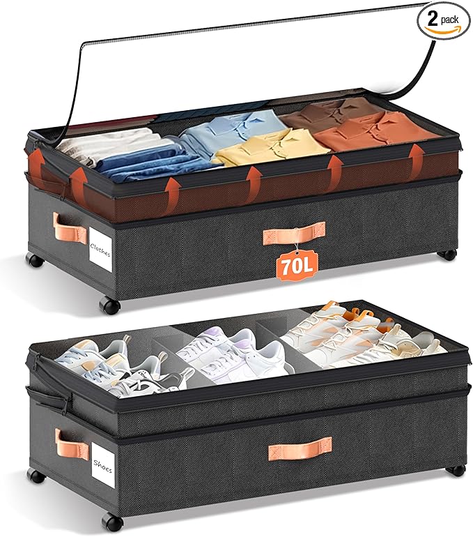 Under Bed Storage with Wheels - 2Pack 70L UnderBed Storage Containers with Clear Lid & Label, Rolling Under Bed Storage Bins for Clothes, Shoes, Blankets (XXL,Black)