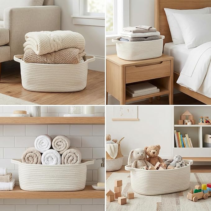 Cotton Rope Storage Basket with Handles, Natural Woven Basket, Decorative Rectangle Organizer Bin for Home, Nursery, Montessori, Dog Toy Storage and Bathroom Organization, White