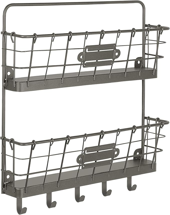 Spectrum Mail and Key Organizer for Wall, Vintage 2-Tier Mail Holder for Wall with 5 Key Hooks, Farmhouse Entryway Key and Mail Holder, Hanging Mail Organizer Rack for Letters Bills, Industrial Gray