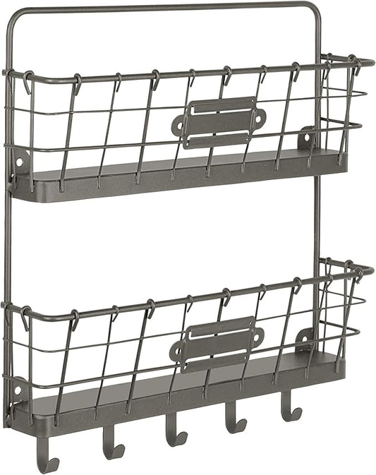 Spectrum Mail and Key Organizer for Wall, Vintage 2-Tier Mail Holder for Wall with 5 Key Hooks, Farmhouse Entryway Key and Mail Holder, Hanging Mail Organizer Rack for Letters Bills, Industrial Gray