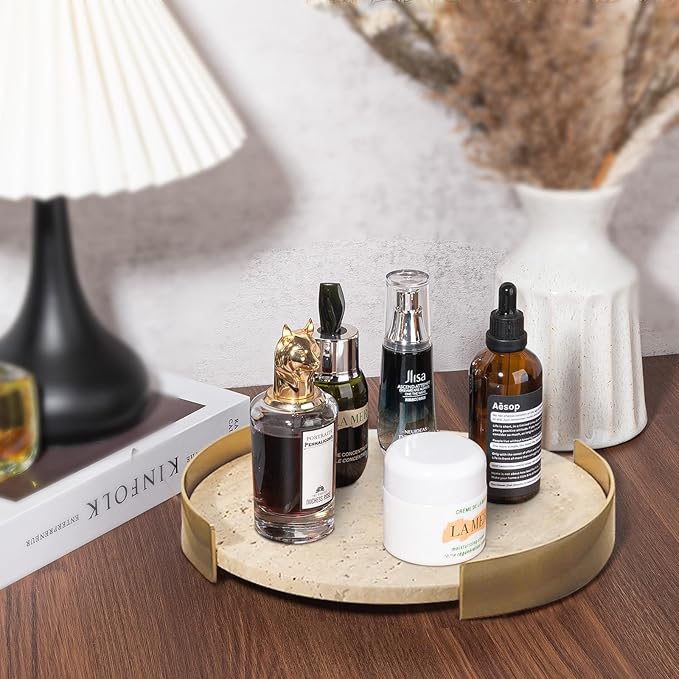 Travertine Tray, Round Marble Vanity Bathroom Countertop Tray, Ceramic Decorative Trays for Coffee Table (M)