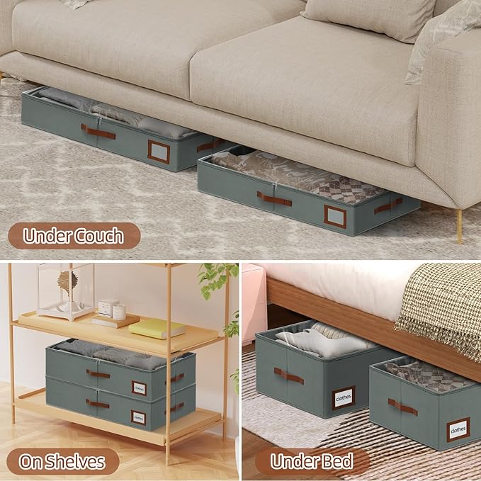 4 Inch Under Bed Storage Containers, 2 Pack Large Underbed Storage Bins w/Clear Lid & Sturdy Sidewall, Foldable Closet Organizer for Dorms, Bedroom, Clothes, Shoes, Bed Sheets, Blankets (Grey)