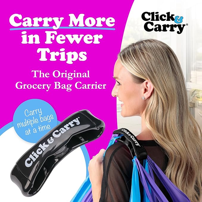 Click & Carry Grocery Bag Carrier Handle - Carry More in Fewer Trips, 100lb Capacity, Hands-Free, Gel-Padded Ergonomic Design, Shopping & Grocery Bag Holder - As Seen On Shark Tank, Black, 1 Pack