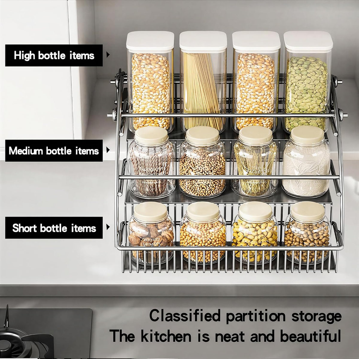 3-Tier Pull Down Spice Rack Organizer Expandable Pull-Out for Upper Cabinet Space-Saving for Inside Cabinet Expandable Display Riser Shelf Seasoning Shelf
