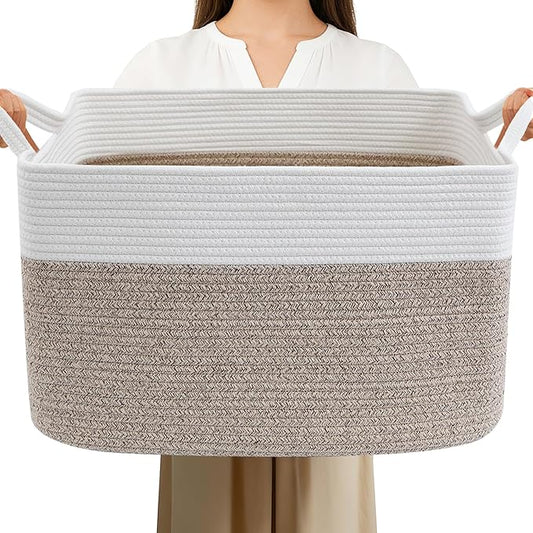 Magazine & Newspaper Baskets,Large Woven Rope Blanket Basket,24"x16"x15"Storage Bin with Handle,Toys Storage,Laundry Basket for Home Organization/Living Room/Nursery/Bedroom,White&Brown