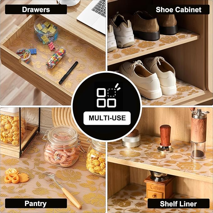 INNOLITES Shelf Liner for Cabinets, Non-Adhesive for Kitchen Drawer Liner, Waterproof Shelf Paper with Floral Pattern, Durable Easy to Clean (Golden Rose, 23.6" x 360")