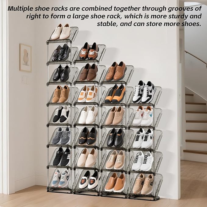 Vertical Shoe Rack 8 Tiers Narrow Clear Sneaker Storage Holder Luxurious Slim Tall Organizer Space Saving Shelf for Entryway Garage 10.4" W x 64.5" H x 9.8" D (Transparent Black)
