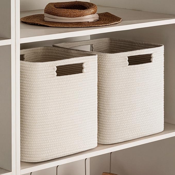 UBBCARE Set of 4 Storage Basket-12 X 12 X 12 in, Cotton Rope Baskets for Shelves, Toys, Book, Cube Storage Bins with Handles, Woven Storage Basket for Organizing, Beige