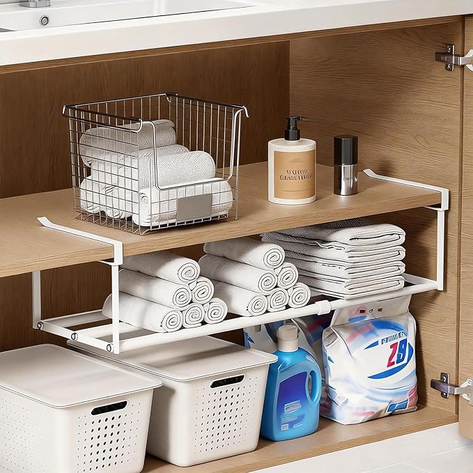 Expandable Hanging Shoe Rack Organizer for Closet, Adjustable Shoe Rack Under Cabinet Shelf, Versatile Under Shelf Storage for Kitchen, Book, Clothing Storage and Organization(White,2PCS)
