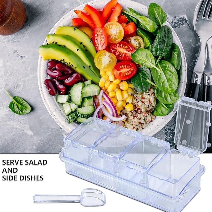 4-Cell Clear Seasoning Rack Spice Box Storage Container Condiment Jars Acrylic Seasoning Box with Cover and Spoon