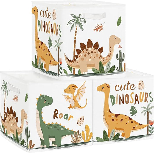 11.8" Boho Dinosaurs Cube Storage Organizer Set 3Pcs Palms Eggs Cube Storage Bin for Bathroom/Bedroom Kid Book Toy Chest, Cacti