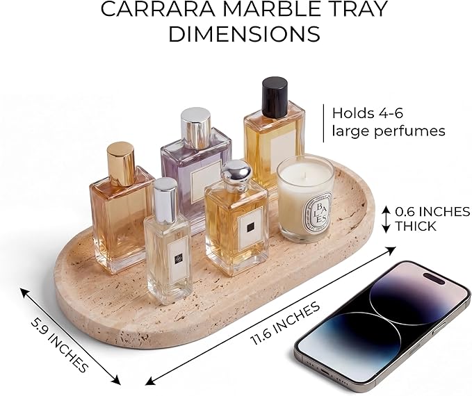 YKAJO 100% Natural Travertine Stone Tray, Unsealed Beige Marble Vanity Tray for Bathroom & Perfume, Raw Honed Finish Organizer for Jewelry, Candle & Coffee Table Decor, 11.6" L (Wabi-Sabi Aesthetic)