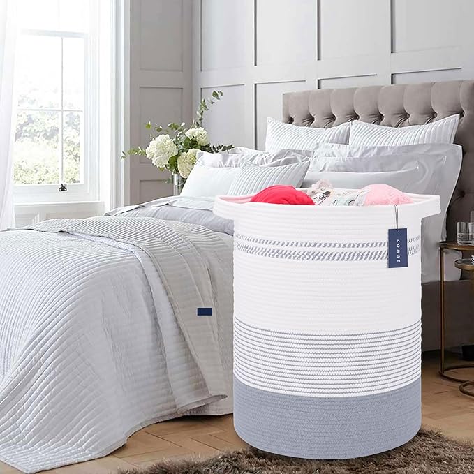 COMSE Extra Large Blanket Basket, Tall Laundry Basket, Nursery Hamper, 15.7âx 21.7â, Cotton Rope Woven Laundry Hamper for Storage Toys Clothes Towels, Light Gray & White