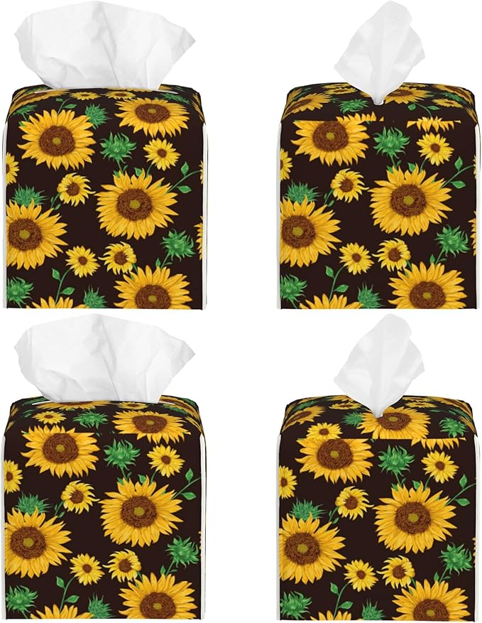 Sunflower Tissue Box Cover Leather Tissue Box Holder Square Facial Paper Organizer Dispenser for Bathroom Kitchen Bedroom Vanity Countertop Night Stands