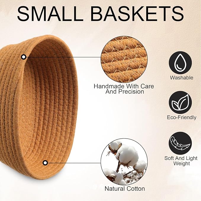 4 Pcs Small Storage Cotton Rope Woven Baskets for Gifts Empty Boho Shelf Closet Storage Baskets Gift Cute Baby Basket for Nursery Basket Easter Decorative Storage Bins for Living Room Bedroom(Brown)