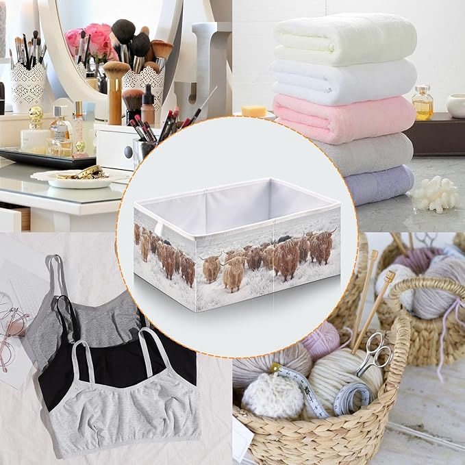 linqin Scottish Highland Cow Print Cube Storage Basket Collapsible Open Storage Bins Baby Nursery Basket Organizer with Handles for Shelves Closet Home Decor