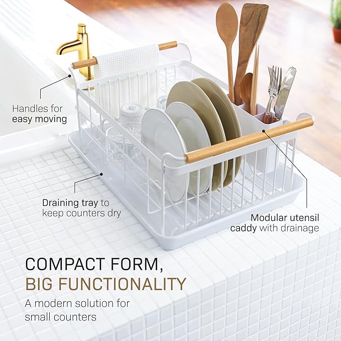 YAMAZAKI Home Dish Drying Rack – Modern White Dish Rack for Kitchen Counter with Removable Drainer Tray and Cutlery Holder, Steel + Wood Dish Drying Organizer - Steel + Wood -