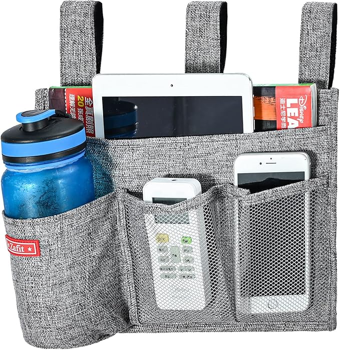 Linen Bedside Caddy, Bedside Storage Organizer for Hospital Beds, College Dorm Rooms or Baby Bed (4 Pockets-Grey)