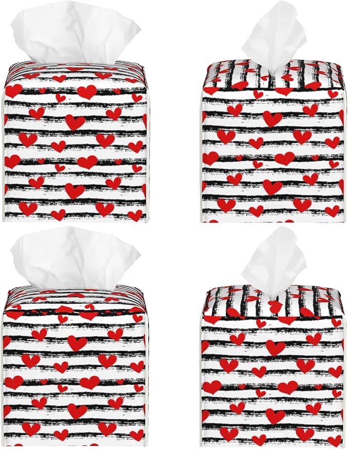 Tissue Box Holder Red Hearts on Black and White Stripes Tissue Box Cover Square Leather Tissue Holder Organizer Portable Decorative Facial Paper Case for Home Office Bathroom Vanity Countertop