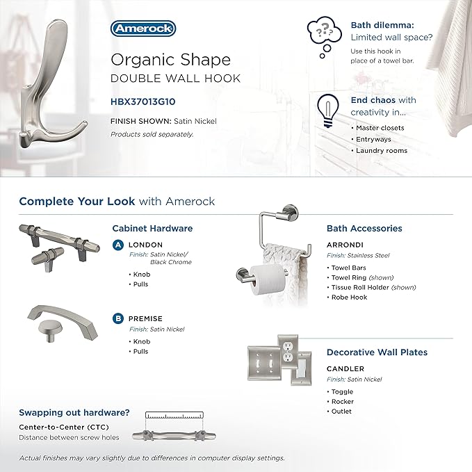 Amerock HBX37013G10 | Finesse Triple Prong Decorative Wall Hook | Satin Nickel Hook for Coats, Hats, Backpacks, Bags | Hooks for Bathroom, Bedroom, Closet, Entryway, Laundry Room, Office