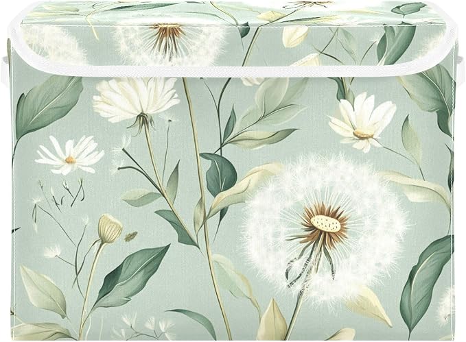 Collapsible Storage Bins with Lids Decorative Fabric Storage Cubes Closet Organizer Basket Boxes Containers for Clothes Box Chest Folding Rectangle Spring Sage Green Dandelions Daisy Flower