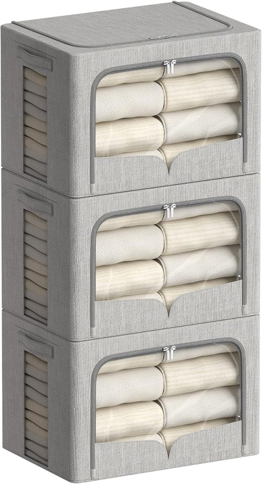 FHSQX 3 Pack Clothes Storage Bins - Foldable Metal Frame Storage Box - Stackable Linen Fabric Container Organizer Set with Carrying Handles and Clear Window (Light Gray, 16.5x12.2x12.2inch(40L))