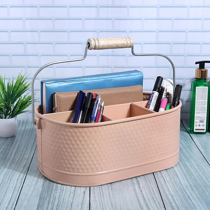 Alpha Living Home Metal Utensil Caddy - 4 Compartment Silverware, Flatware, Cutlery Holder with Handle - Kitchen Organizer for Countertop, Buffet, Picnic, BBQ, Farmhouse(Peach)
