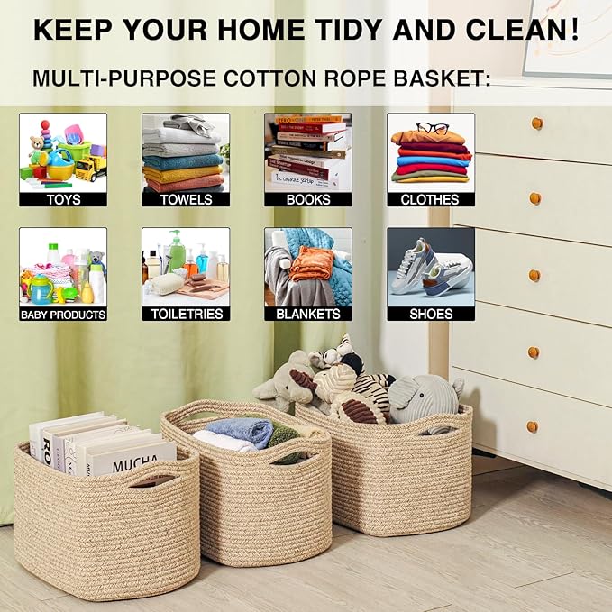 Storage Baskets for Organizing Shelves, Woven Cotton Rope Basket for Storage, Dog Toy Baskets Storage Kids, Cute Shelf Basket for Living Room Bedroom, 14.8"×11"×9.5", Pack of 3, Brown