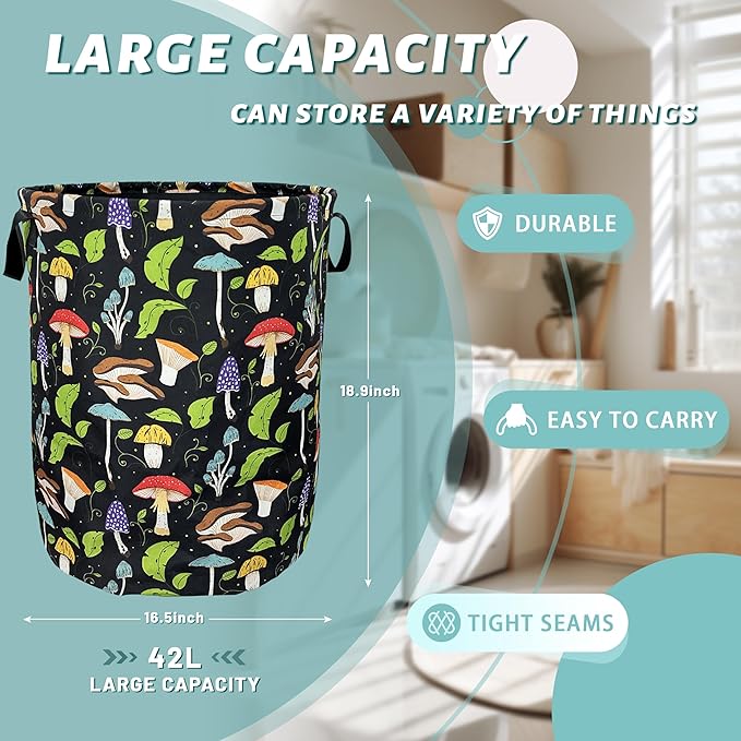 Mushroom Laundry Basket Foldable With Handles Colorful Tote Bag Oxford Cloth Portable Laundry Hamper Clothes Storage Bucket Toy Organizer 18.9"x16.5" For Bathroom/Laundry/Bedroom