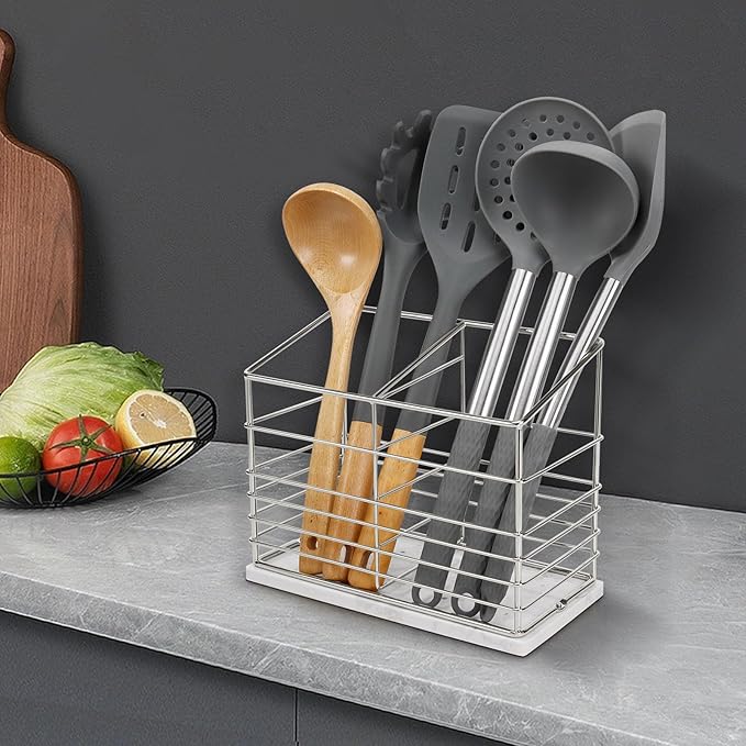 Utensil Holder for Kitchen Counter, Metal Utensil Holder Rack for Kitchen Countertop, Cooking Tools Storage for Spatula, Utensil Organizer with Marble Base, and Drainage Hole (Chrome Marble)