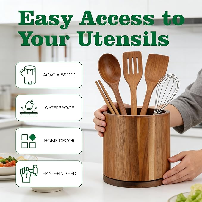 Acacia Wood Utensil Holder 360°Rotating Anti-Tip Design for Kitchen Counter,Cooking Utensil Crock for Countertop , Large Utensil Organizer for Spatula