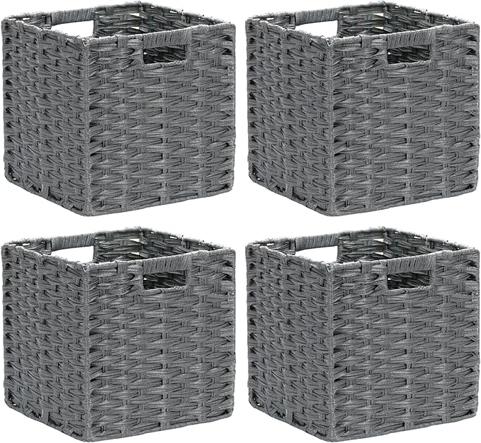 DULLEMELO Wicker Storage Baskets for Shelves, Plastic Woven Cube Storage Bins Set of 4, 11x11x11 inch Foldable Wicker Baskets for Shelves,Closet, Clothes, Toys-Grey