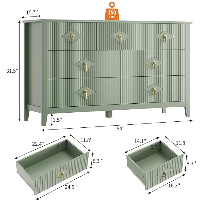 GarveeHome Fluted Dresser for Bedroom, 54 in Wide 7-Drawer Wood Dresser, Modern Chest of Drawers, Storage Organizer Cabinet for Living Room, Hallway, Entryway, Green