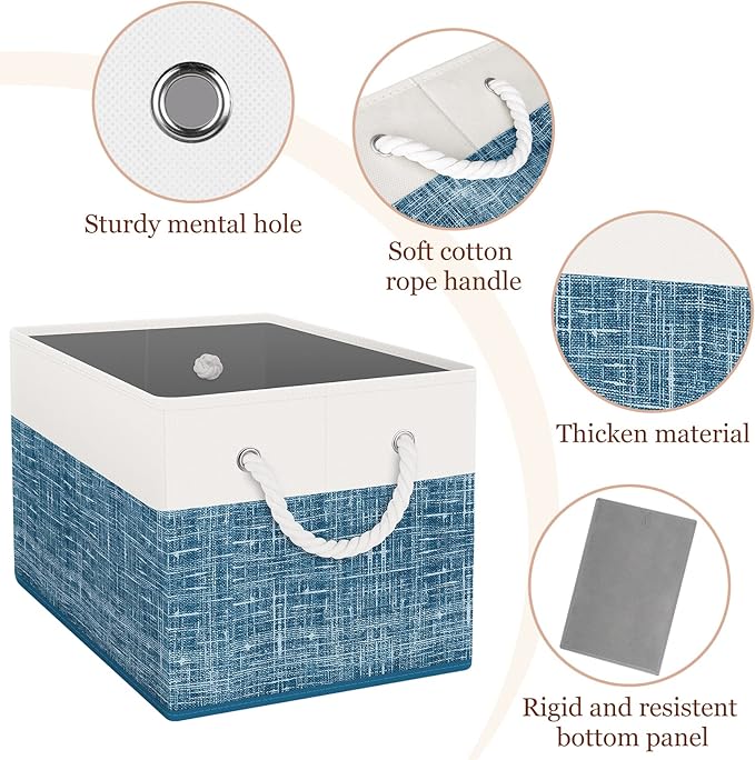 Storage Bin,Collapsible Storage Basket For Organizing,Large Storage Boxes With Rope Handles,Storage Containers,White & Blue,3 Pack