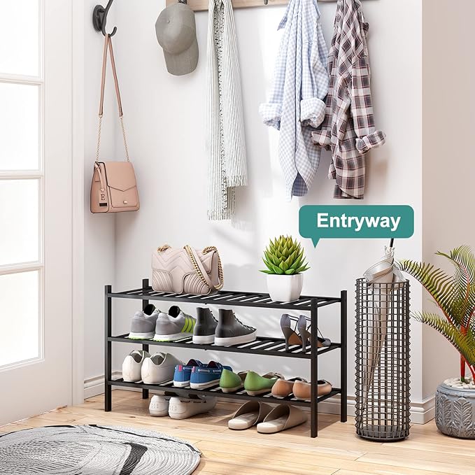 3-Tier Long Black Shoe Rack, Bamboo Wood Shoe Rack for Closet, Entryway & Hallway, Stackable | Functional | Sturdy
