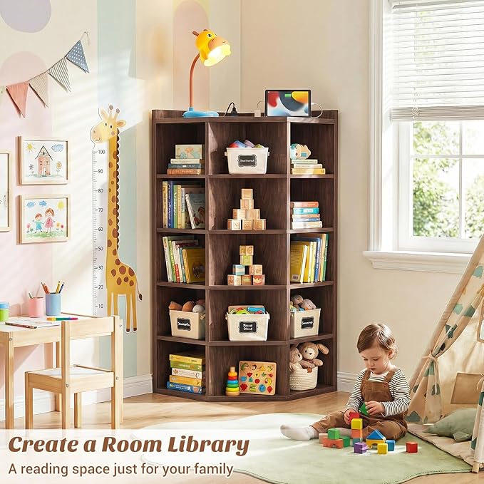 Aheaplus Corner Cabinet, 6-Tier Corner Bookshelf with Power Outlets, Corner Cube Storage Shelf with Top Table, Wooden L Shaped Cubby Toy Storage for Home Office, Bedroom, Living Room, Black Walnut
