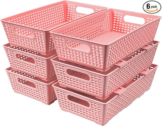Tiawudi Stackable Woven Plastic Basket, Storage Bins for Cabinet, Closet, Shelf, Under Sink and Countertop, Pantry Organizer Bins, 6 Pack