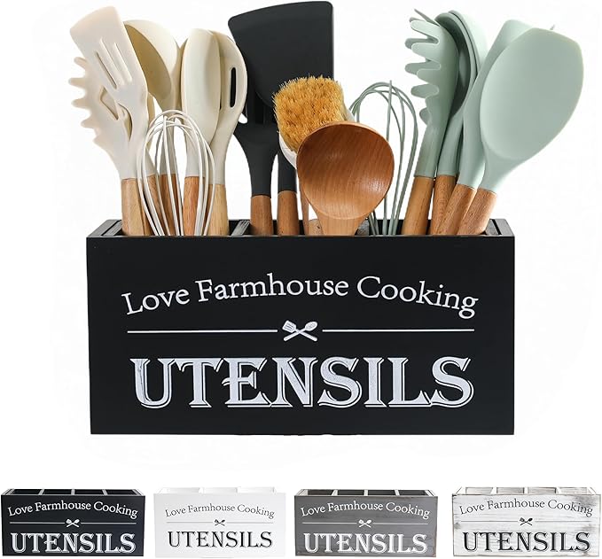 Utensil Holder, Kitchen Utensil Holder For Kitchen Counter,Large Cooking Spatula Organizer,Farmhouse Wooden Big Storage With 3 Compartments Rustic Flatware Spoon Tool Organizer （Black）