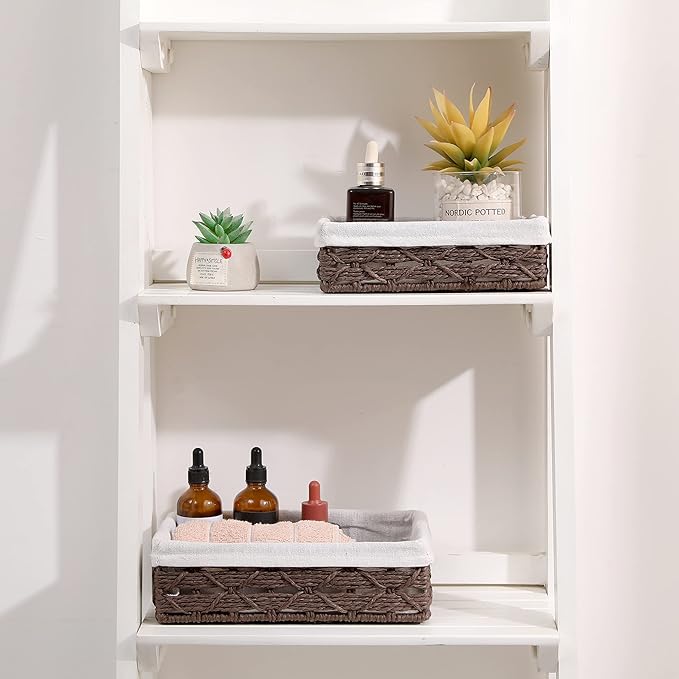 Small Storage Basket With Liner,Wicker Decorative Basket for coffee table,RectangleTray,Bathroom Countertop Organizer，rectangle Kitchen Drawer Organizer Storage Set of 2 Brown